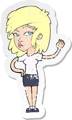 retro distressed sticker of a cartoon pretty woman waving