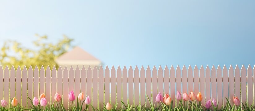 Greeting card with green lawn and fence on a spring pastel background Copy space image Place for adding text or design