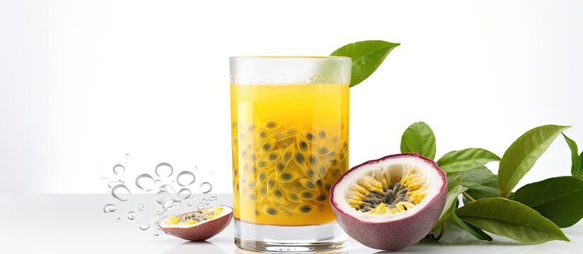 Passionfruit juice with fruit and leaf on white background Copy space image Place for adding text or design