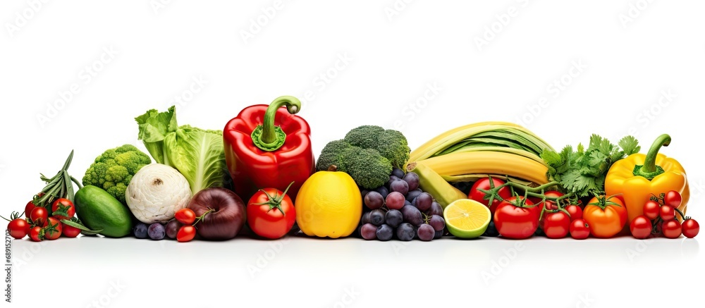 Wall mural colorful fruits and vegetables isolated on white copy space image place for adding text or design