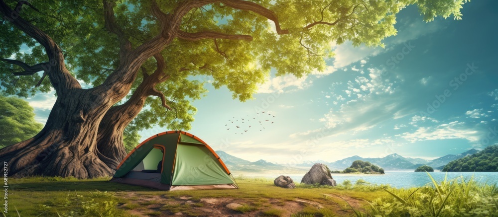 Aufkleber camping with tent and accessories under the big tree surrounded by beautiful nature perfect for trav