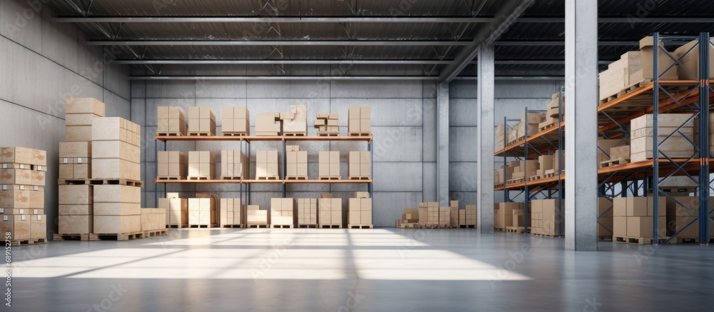 Poster Distribution center or retail warehouse part of storage and shipping system Contains shelves with packaged boxes open areas and concrete floor Visualized in 3D rendering Copy space image Place