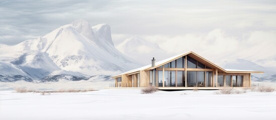 Modern wooden house in snowy ice mountains Copy space image Place for adding text or design