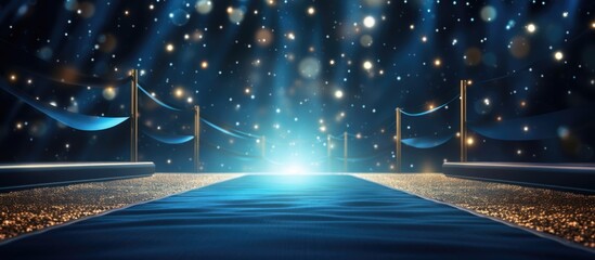 Luxury modern blue carpet entry with spotlights golden falling particles shimmer for show recognition award night Copy space image Place for adding text or design - obrazy, fototapety, plakaty