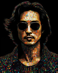 Pointillism Illustration: Portrait of a Handsome Asian Man in Sunglasses against a Dark Background. Perfect for Canvas Printing, Posters, Instagram, and Illustrative Art