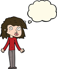 cartoon girl shrugging shoulders with thought bubble