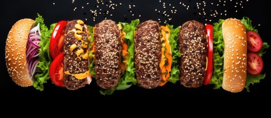 Assorted burgers some with meat and some plant based on white background from above Copy space image Place for adding text or design