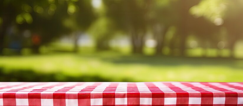 Checkered tablecloth in red on the lawn Copy space image Place for adding text or design