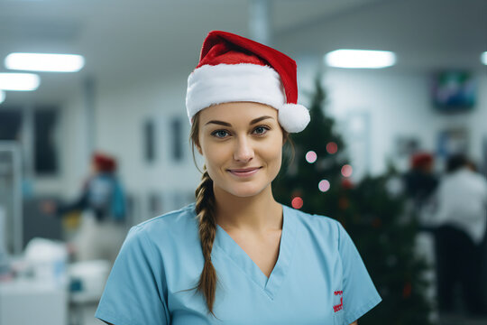 Generative AI image of woman doctor wear uniform working in a hospital decorated for christmas and new year holidays
