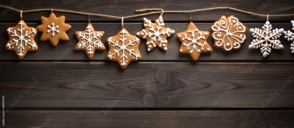 Poster gingerbread cookies suspended on a wooden backdrop copy space image place for adding text or design