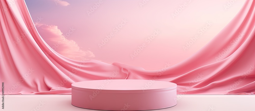 Poster feminine 3d stand with pink background silk curtain and wind cosmetic product presentation banner co