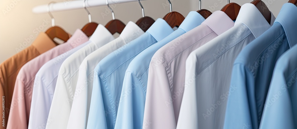 Poster Close up of laundry rack with clean shirts Copy space image Place for adding text or design
