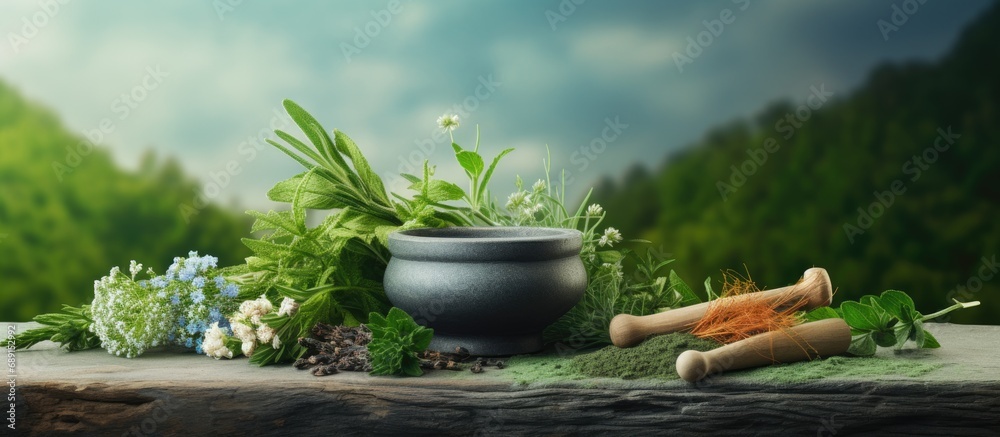 Poster alternative medicine idea assorting therapeutic plants copy space image place for adding text or des