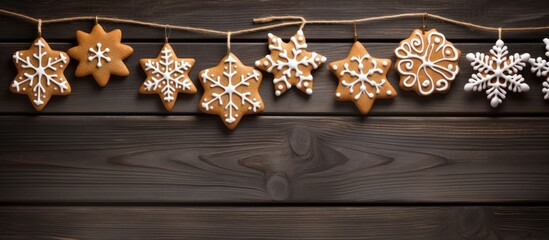 Gingerbread cookies suspended on a wooden backdrop Copy space image Place for adding text or design