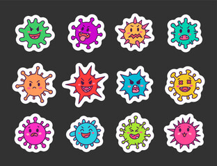 Viruses kawaii. Sticker Bookmark. Cute cartoon characters of bacterial infection and microbe. Hand drawn style. Vector drawing. Collection of design elements.