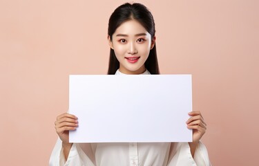 Fototapeta premium smiling Asian woman hold empty blank white paper, mockup poster and sign idea, Generative Ai