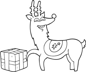freehand drawn black and white cartoon christmas reindeer with present