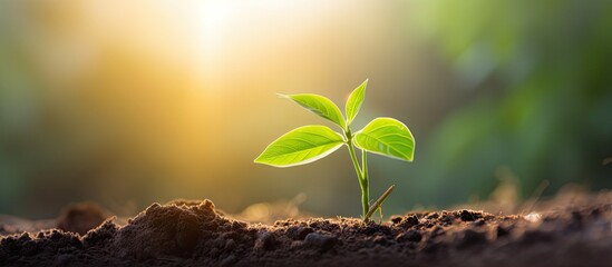 Morning light and green nature background with a young plant symbolizing new life growth ecology business financial progress and Earth Day Copy space image Place for adding text or design - Powered by Adobe