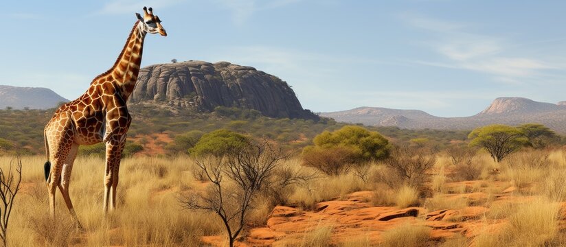 Giraffe panorama in African Savannah with geological butte Entabeni Safari Reserve South Africa Copy space image Place for adding text or design