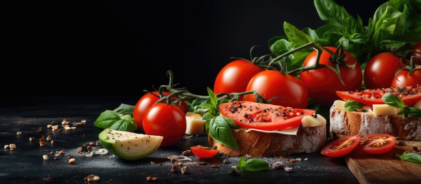 Healthy sandwiches with Italian and vegetarian ingredients featuring tomato and basil Copy space image Place for adding text or design