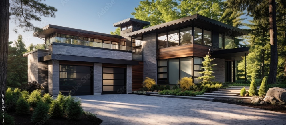 Poster luxurious contemporary home with stone accents three car garage and natural surroundings copy space 
