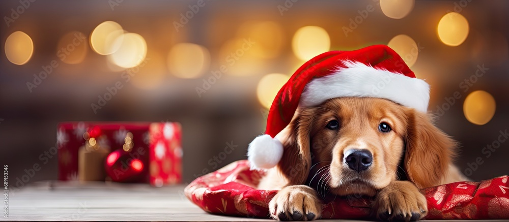 Poster Golden retriever with teddy bear and Santa hat in festive home with gifts creating a magical Christmas atmosphere Copy space image Place for adding text or design