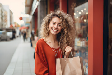 A woman holding a lot of shopping bags and smiling - obrazy, fototapety, plakaty