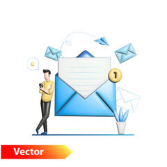 A tiny man and a large open envelope with a letter. 3D guy with a smartphone reads a message, SMS on social networks, the Internet. Communication, correspondence by email with bell notification. Post.