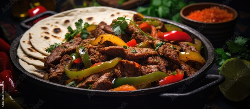 Poster colorful bell peppers tortilla bread and sauces accompany beef fajitas cooked in a pan copy space im