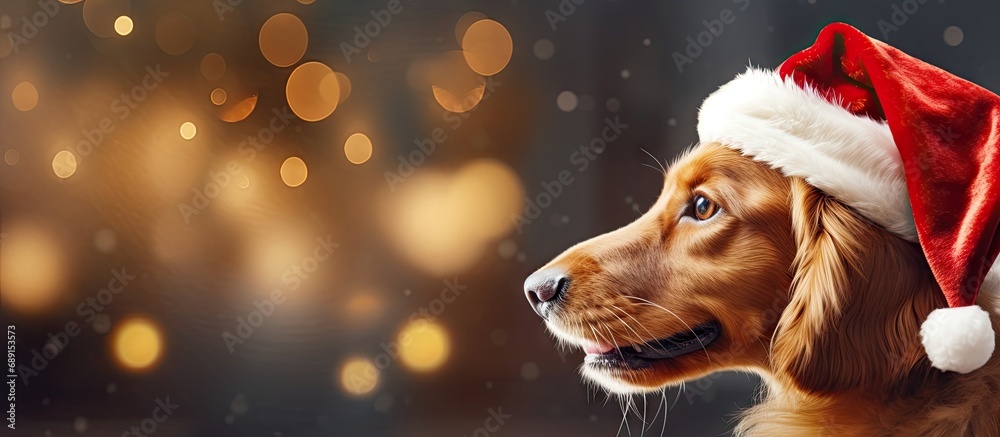 Poster golden retriever with teddy bear and santa hat in festive home with gifts creating a magical christm