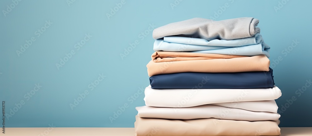Poster Clean clothes stacked on a beige background close up view of blue and white cotton garments Cleaning and laundry idea Copy space image Place for adding text or design