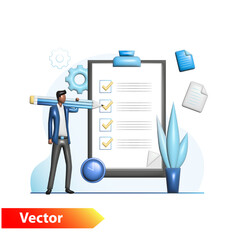 3d tiny man with large pencil fills out form, test, ticks document, list, checkbox, file. Feedback, support on Internet. Dark-skinned guy and online paper questionnaire. Confirmation in the agreement.