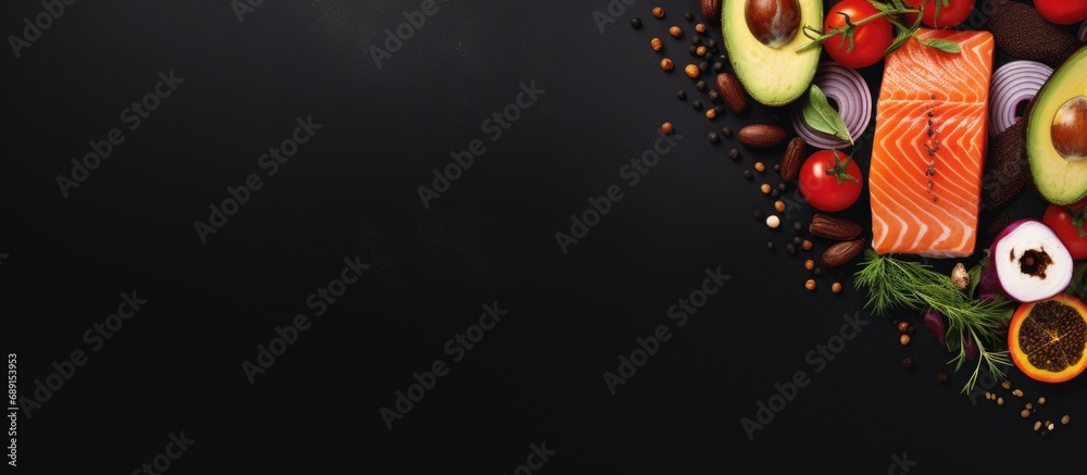 Poster Grilled salmon and vegetable salad with tomato onion olives and avocado Copy space image Place for adding text or design