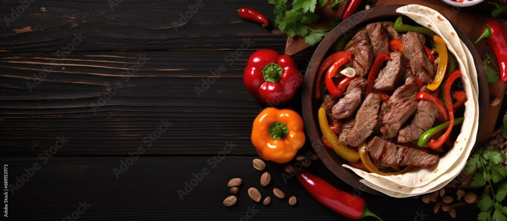 Poster colorful bell peppers tortilla bread and sauces accompany beef fajitas cooked in a pan copy space im