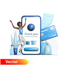 Dark-skinned 3D woman rejoices shopping, purchases in online store, successful transaction with check, receipt on Internet, banking operation, payment with credit, debit card. Thank you for ordering.