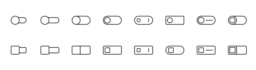 Set of toggle icons. Toggle switch line icon. Switch on and off slider. Power slider collection. Turn off switcher. Line toggle icon set. Editable stroke. Vector illustration. - obrazy, fototapety, plakaty