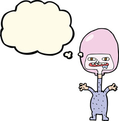 cartoon space alien with thought bubble