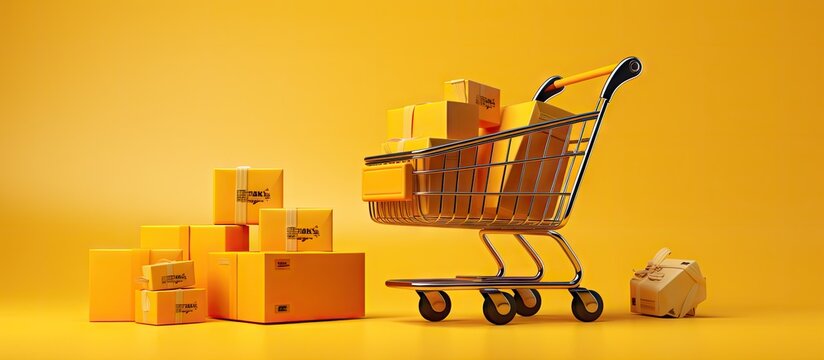 Online shopping and payment with credit cards Delivery box with cart and smartphone on yellow backdrop Copy space image Place for adding text or design