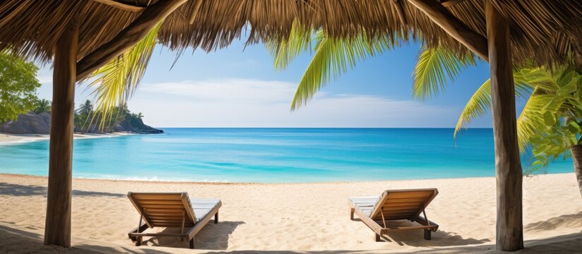 Cabanas with a view of the Caribbean Sea Relaxation in the shade Beach sand umbrellas loungers curtains palm trees beach beds Adrenaline Beach Labadee Haiti private resort by Royal Caribbean Co