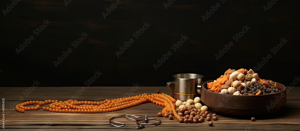 Poster Assortment of pet food with dog toy rope Copy space image Place for adding text or design
