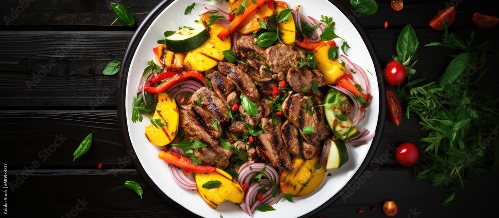 Poster Grilled meat and vegetable salad with zucchini peaches green onions and peppers Overhead view on tiled background Copy space image Place for adding text or design