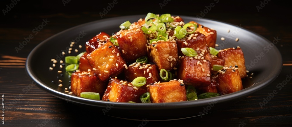 Poster asian tofu dish packed with protein and calcium made with fried teriyaki tofu scallions and sesame s