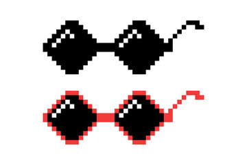 Vector Pixel Boss Glasses Icon Set in 8 bit Retro Style. Summer Meme Game Thug Design, Mafia Gangster Funky Sunglasses. Rap Music Design Element