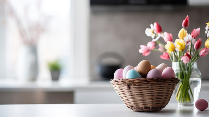 basket with multi-colored Easter eggs on the table in a stylish kitchen, minimalism, Scandinavian interior, postcard, spring, design, religious holiday, traditional dish, treat, decor, flowers - obrazy, fototapety, plakaty