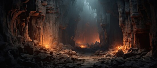 Magical cave with lantern lit walls leading to mystical glow in ancient ruins with empty tunnel Copy space image Place for adding text or design