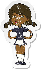 retro distressed sticker of a cartoon happy waitress woman
