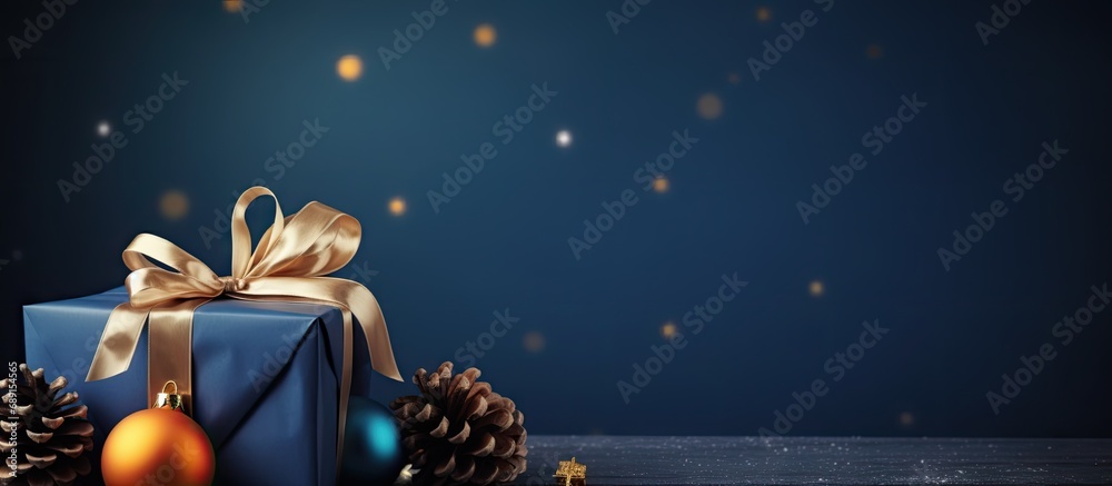 Aufkleber blue christmas themed gift with ribbon balls branches cones on dark blue background and room for tex