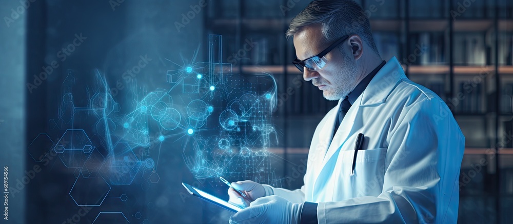 Aufkleber Doctor using tablet for patient records on digital interface DNA technology and futuristic healthcare concept Digital network on virtual screen Copy space image Place for adding text or design