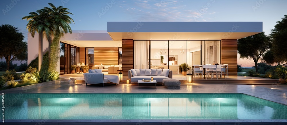 Poster contemporary poolside villa with outdoor scenery copy space image place for adding text or design
