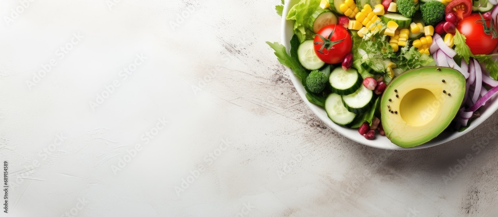 Poster healthy ketogenic dish avocado and tuna salad with fresh vegetables copy space image place for addin